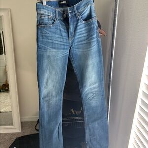 Express Barely Boot Mid Rise Jeans in Medium Blue